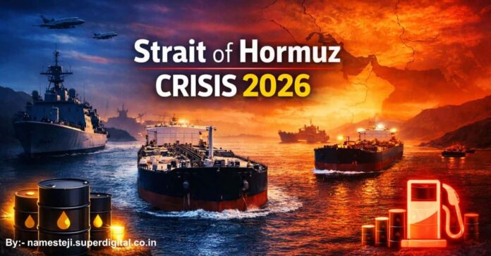 Strait of Hormuz crisis 2026 showing oil tankers and geopolitical tension in the Middle East