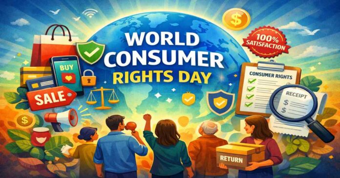 15 मार्च World Consumer Rights Day जागरूकता पोस्टर जिसमें उपभोक्ता अधिकार और सुरक्षा का संदेश दिखाया गया है।