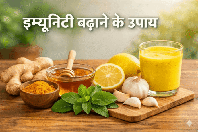 इम्यूनिटी बढ़ाने के उपाय के लिए तुलसी, अदरक, शहद और हल्दी जैसे प्राकृतिक घरेलू नुस्खे