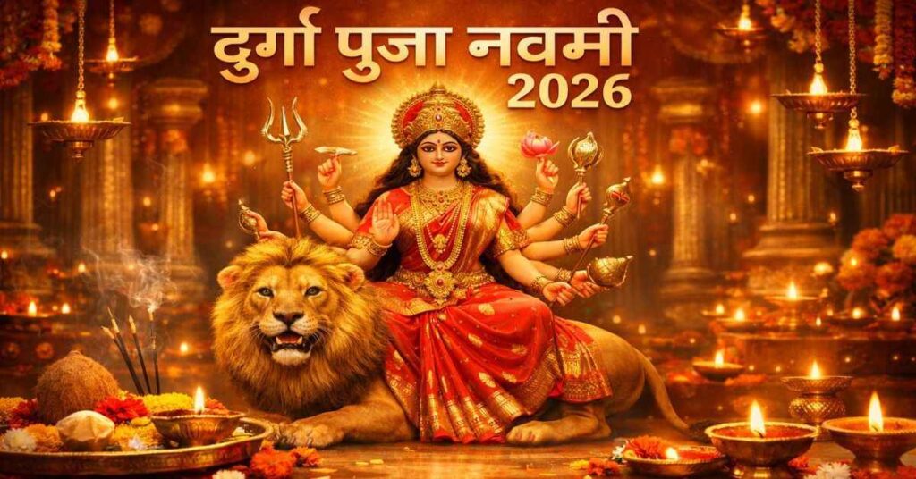 दुर्गा पूजा नवमी पर मां दुर्गा की पूजा, आरती और पारंपरिक सजावट का सुंदर दृश्य