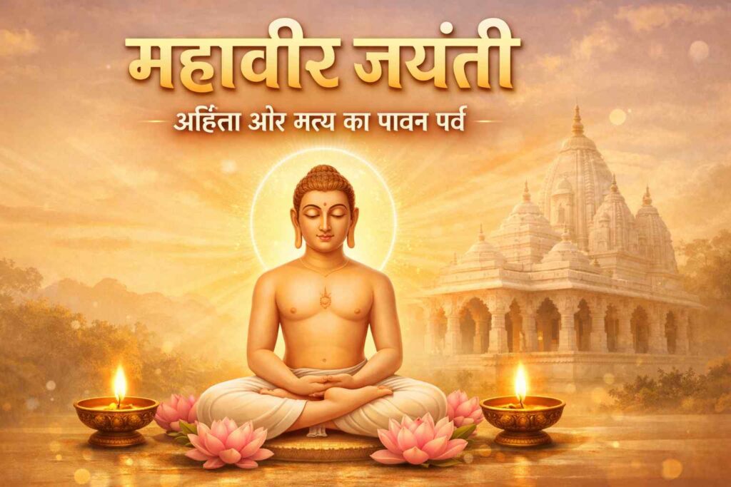 महावीर जयंती पूजा, भगवान महावीर की प्रतिमा और जैन मंदिर में आरती का दृश्य